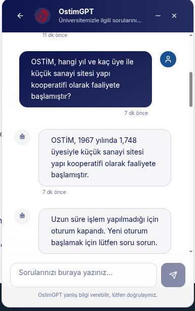 The OstimGPT chat window answering a Turkish question about OSTİM’s founding year and member count, with the assistant’s reply and a session-expiry notice above the message input.