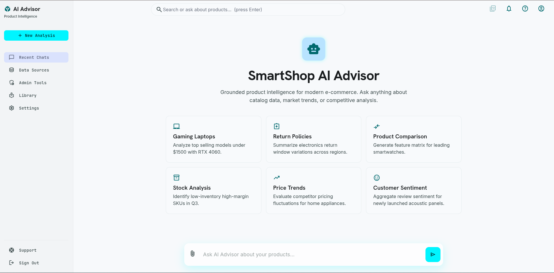 The SmartShop AI Advisor start screen: a sidebar with recent chats, data sources and admin tools beside six suggested analyses such as gaming laptops, return policies and price trends, above a free-text product query box.