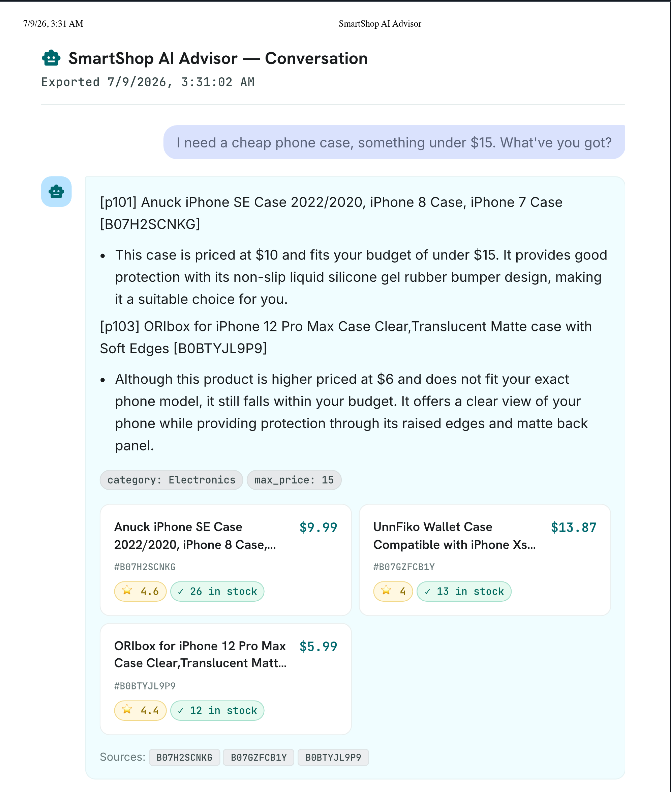 An exported conversation in which a request for a phone case under fifteen dollars returns two ranked recommendations with reasoning, the applied category and price filters, product cards showing price, rating and stock, and the source product identifiers.